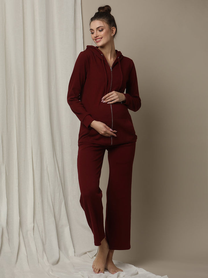 Maternity High-Waist Lounge Sleep Pants- Burgundy