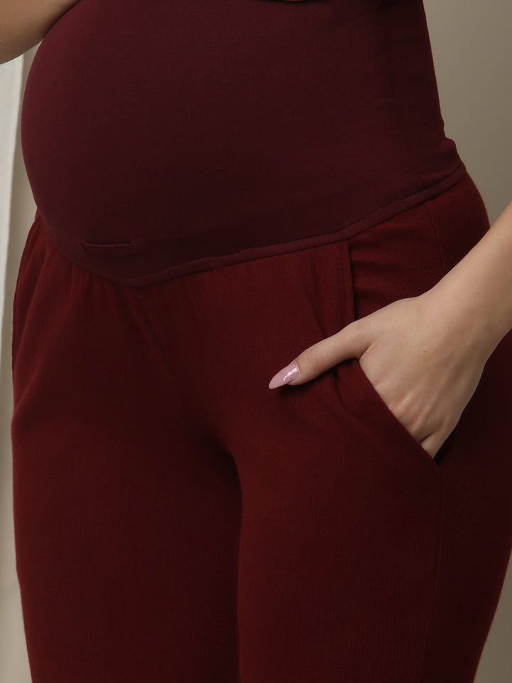 Maternity High-Waist Lounge Sleep Pants- Burgundy