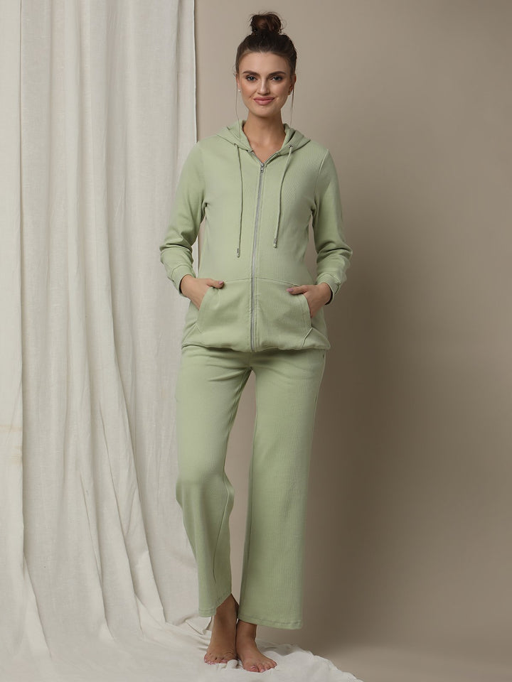 Maternity Matching Lounge Set- Hoodie with Wide-leg Pants- Green