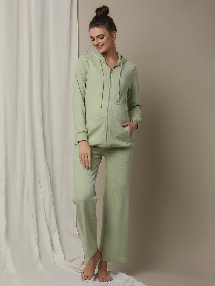 Maternity Matching Lounge Set- Hoodie with Wide-leg Pants- Green