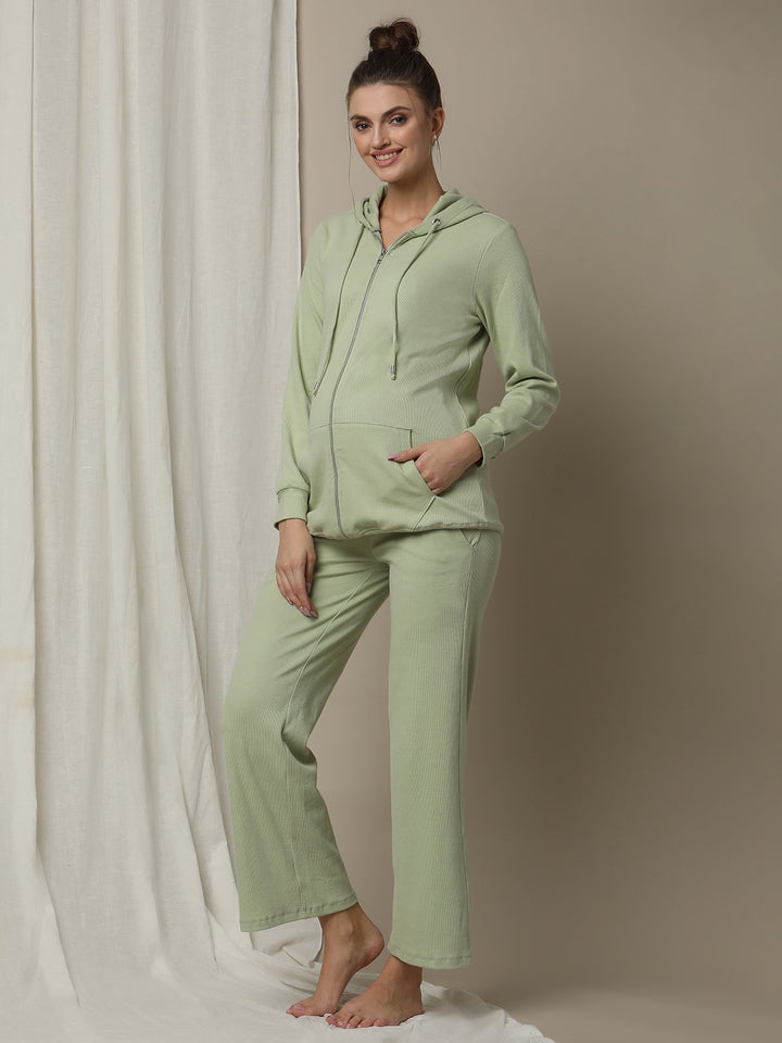 Maternity Matching Lounge Set- Hoodie with Wide-leg Pants- Green