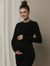 Maternity Cotton Rib Knit Long T-Shirt With Full Sleeves- Black