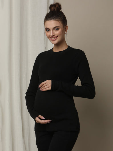 Maternity Cotton Rib Knit Long T-Shirt With Full Sleeves- Black