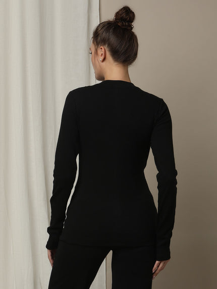 Maternity Cotton Rib Knit Long T-Shirt With Full Sleeves- Black