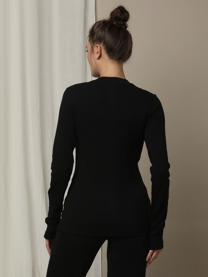 Maternity Cotton Rib Knit Long T-Shirt With Full Sleeves- Black
