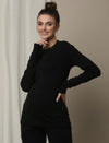 Maternity Cotton Rib Knit Long T-Shirt With Full Sleeves- Black