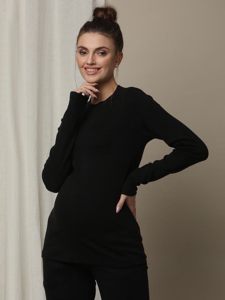 Maternity Cotton Rib Knit Long T-Shirt With Full Sleeves- Black