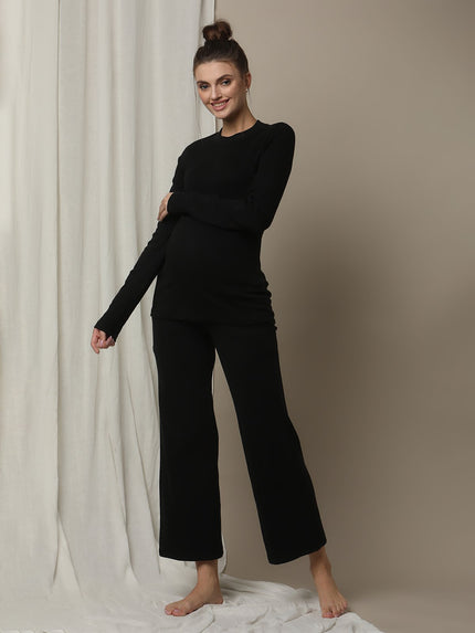 Maternity Cotton Rib Knit Long T-Shirt With Full Sleeves- Black
