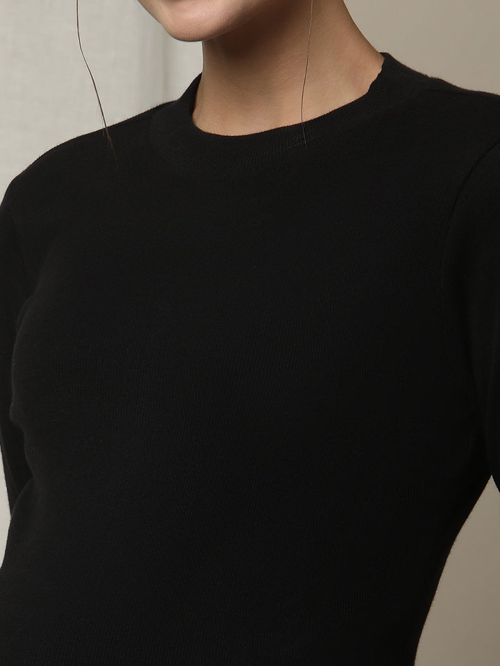 Maternity Cotton Rib Knit Long T-Shirt With Full Sleeves- Black