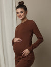 Maternity Cotton Rib Knit Long T-Shirt With Full Sleeves- Brown