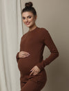 Maternity Cotton Rib Knit Long T-Shirt With Full Sleeves- Brown