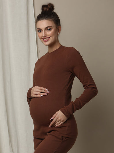 Maternity Cotton Rib Knit Long T-Shirt With Full Sleeves- Brown