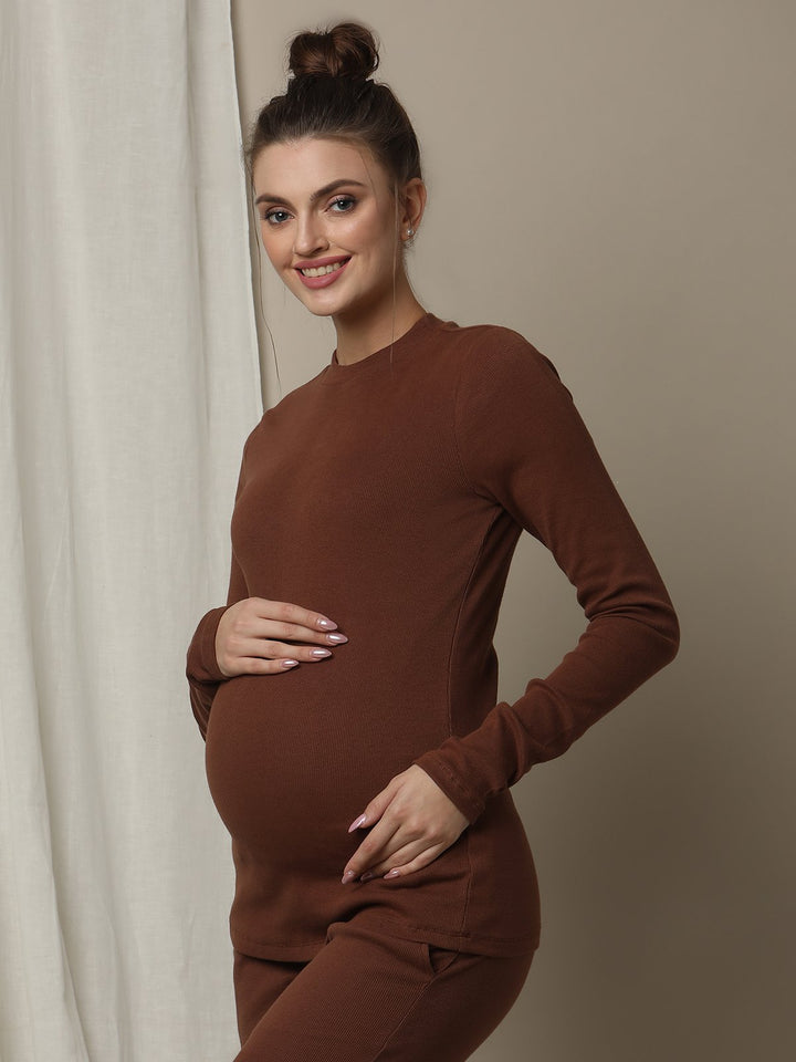 Maternity Cotton Rib Knit Long T-Shirt With Full Sleeves- Brown