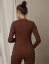 Maternity Cotton Rib Knit Long T-Shirt With Full Sleeves- Brown