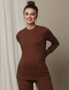 Maternity Cotton Rib Knit Long T-Shirt With Full Sleeves- Brown