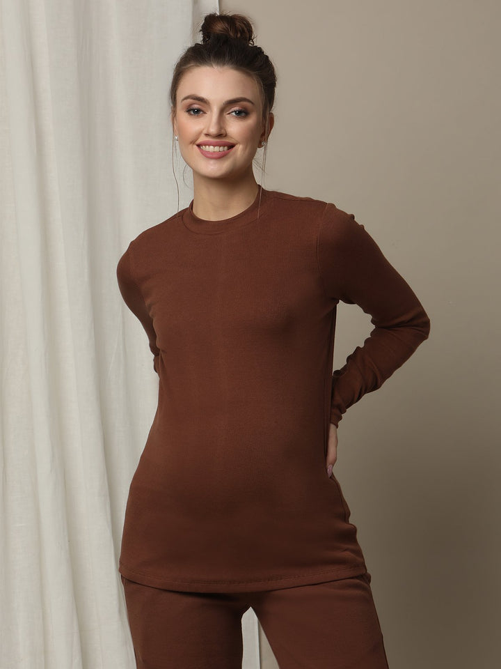 Maternity Cotton Rib Knit Long T-Shirt With Full Sleeves- Brown
