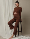 Maternity Cotton Rib Knit Long T-Shirt With Full Sleeves- Brown