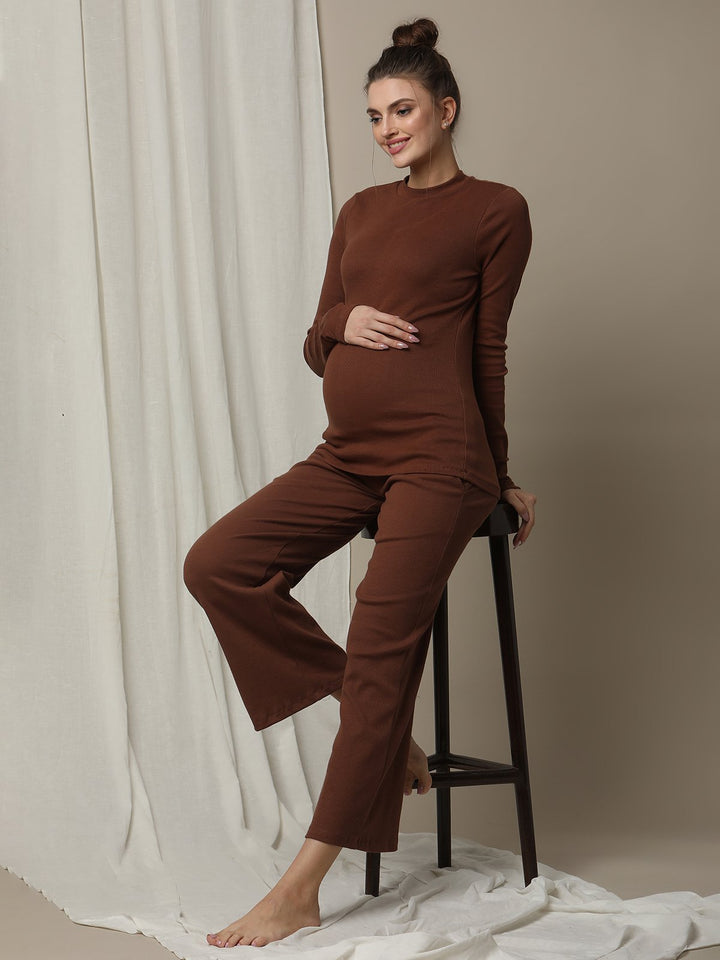 Maternity Cotton Rib Knit Long T-Shirt With Full Sleeves- Brown