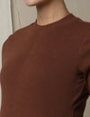 Maternity Cotton Rib Knit Long T-Shirt With Full Sleeves- Brown