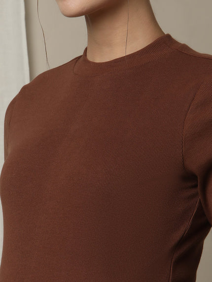 Maternity Cotton Rib Knit Long T-Shirt With Full Sleeves- Brown