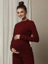 Maternity Cotton Rib Knit Long T-Shirt With Full Sleeves- Burgundy