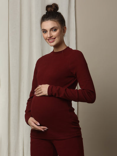 Maternity Cotton Rib Knit Long T-Shirt With Full Sleeves- Burgundy