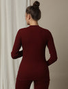 Maternity Cotton Rib Knit Long T-Shirt With Full Sleeves- Burgundy
