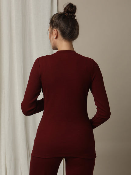 Maternity Cotton Rib Knit Long T-Shirt With Full Sleeves- Burgundy