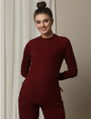 Maternity Cotton Rib Knit Long T-Shirt With Full Sleeves- Burgundy