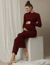 Maternity Cotton Rib Knit Long T-Shirt With Full Sleeves- Burgundy