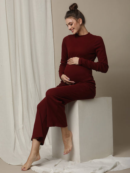 Maternity Cotton Rib Knit Long T-Shirt With Full Sleeves- Burgundy