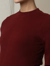 Maternity Cotton Rib Knit Long T-Shirt With Full Sleeves- Burgundy