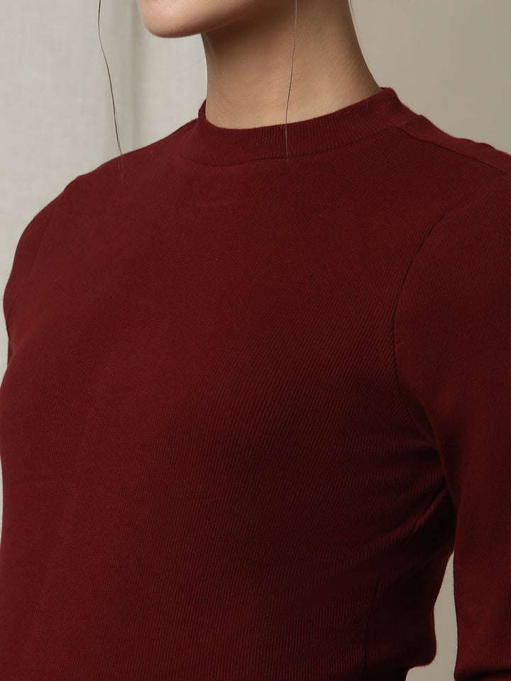 Maternity Cotton Rib Knit Long T-Shirt With Full Sleeves- Burgundy