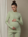 Maternity Cotton Rib Knit Long T-Shirt With Full Sleeves- Green