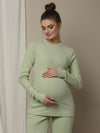 Maternity Cotton Rib Knit Long T-Shirt With Full Sleeves- Green