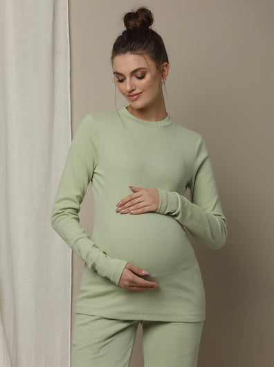 Maternity Cotton Rib Knit Long T-Shirt With Full Sleeves- Green