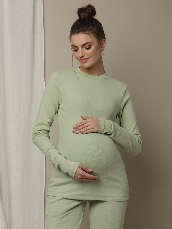 Maternity Cotton Rib Knit Long T-Shirt With Full Sleeves- Green
