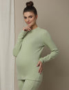 Maternity Cotton Rib Knit Long T-Shirt With Full Sleeves- Green