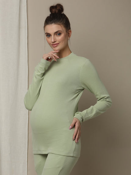 Maternity Cotton Rib Knit Long T-Shirt With Full Sleeves- Green
