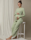 Maternity Cotton Rib Knit Long T-Shirt With Full Sleeves- Green