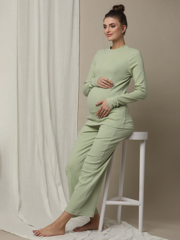 Maternity Cotton Rib Knit Long T-Shirt With Full Sleeves- Green