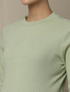 Maternity Cotton Rib Knit Long T-Shirt With Full Sleeves- Green