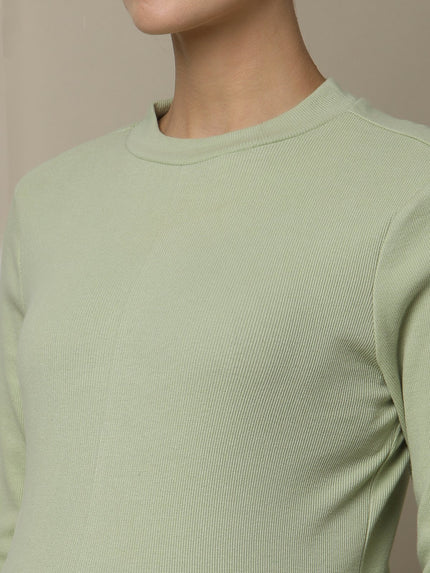 Maternity Cotton Rib Knit Long T-Shirt With Full Sleeves- Green