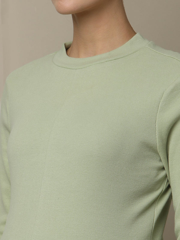 Maternity Cotton Rib Knit Long T-Shirt With Full Sleeves- Green