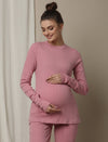 Maternity Cotton Rib Knit Long T-Shirt With Full Sleeves- Pink