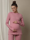 Maternity Cotton Rib Knit Long T-Shirt With Full Sleeves- Pink