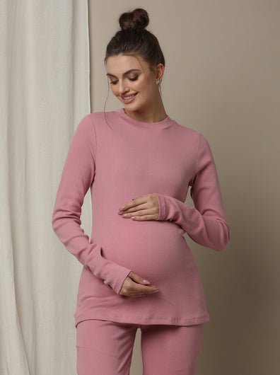 Maternity Cotton Rib Knit Long T-Shirt With Full Sleeves- Pink