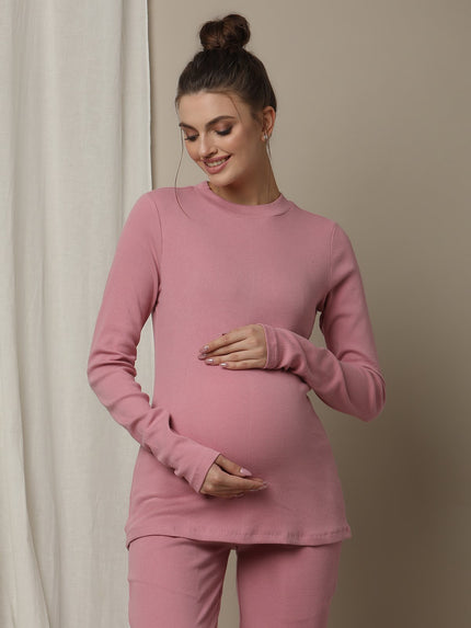 Maternity Cotton Rib Knit Long T-Shirt With Full Sleeves- Pink