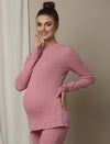 Maternity Cotton Rib Knit Long T-Shirt With Full Sleeves- Pink