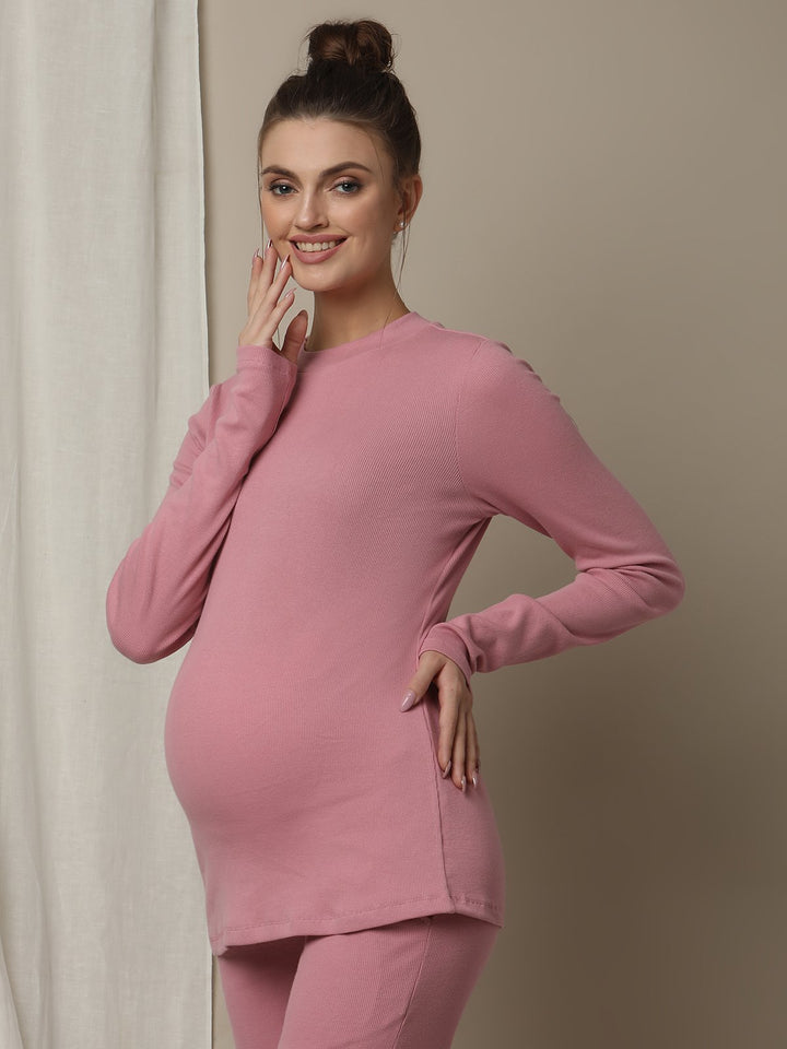 Maternity Cotton Rib Knit Long T-Shirt With Full Sleeves- Pink